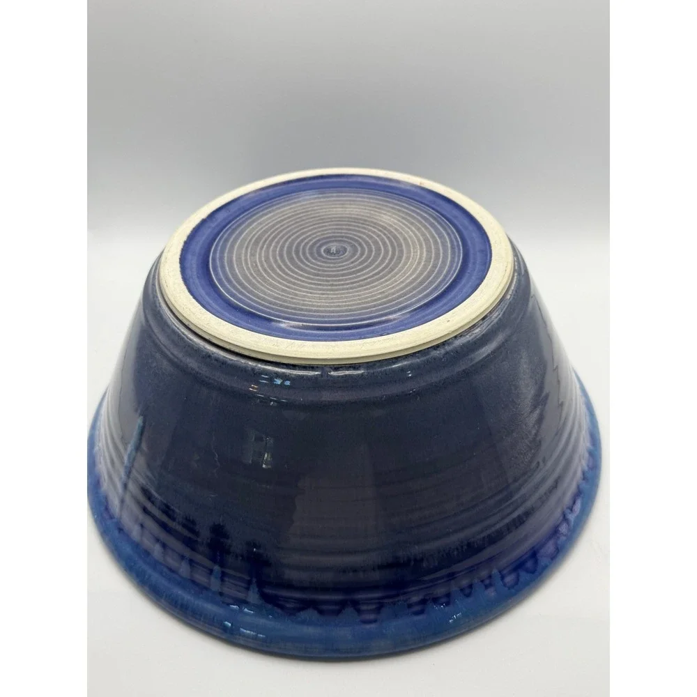 Handmade Studio Pottery Blue Drip Glaze Stoneware Serving Bowl Artisan Signed